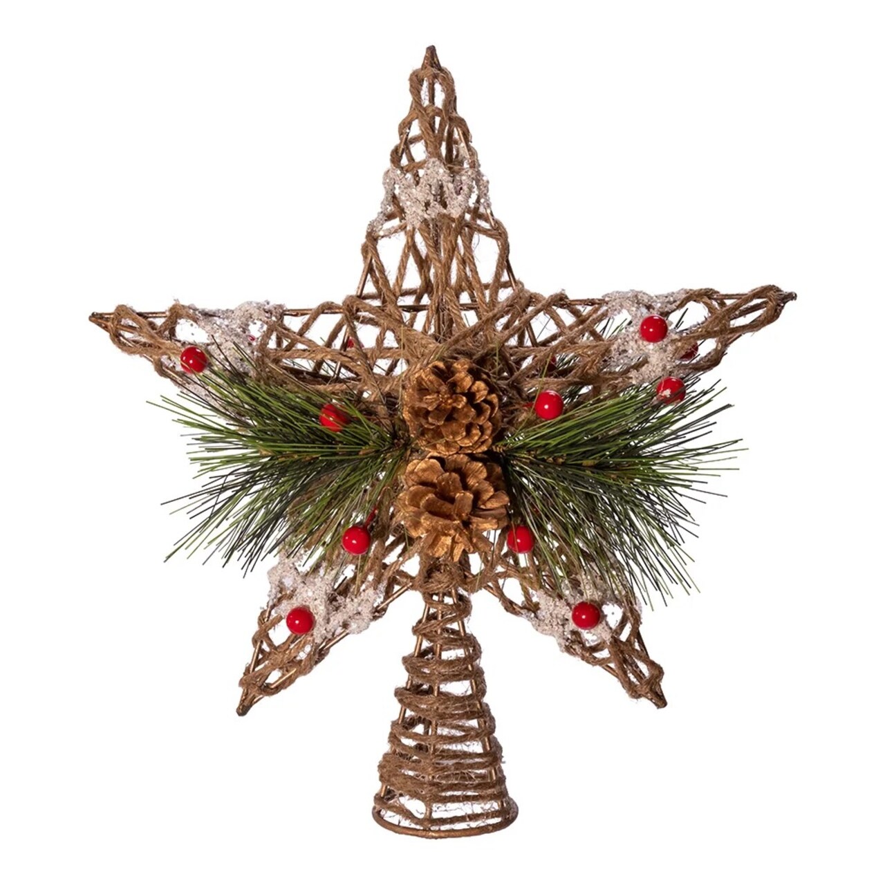 KSA 11" Brown and Green Star with Pinecones and Berries Christmas Tree Topper, Unlit